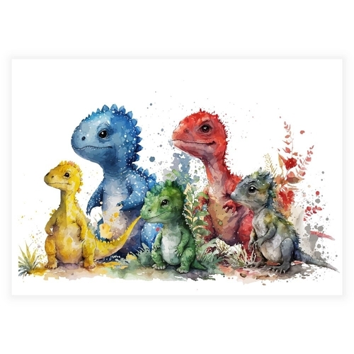 Unik barnaffisch i akvarell med dinosaurier