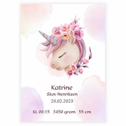 Födelsekort med den vackraste enhörningen i nyanser av rosa och lila