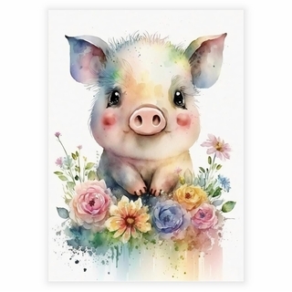 Blommig poster med liten gris