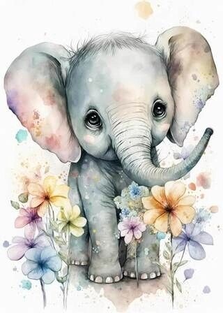 Blommig poster med liten elefant