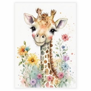 Blommig poster med liten giraff