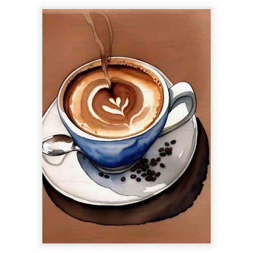 Akvarellaffisch med en kopp kaffe i vackra bruna nyanser