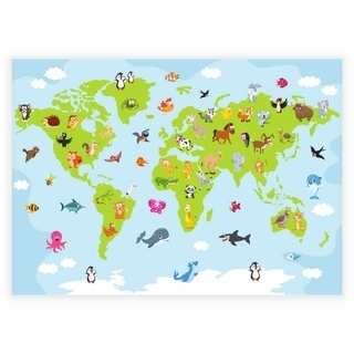 Grön världskarta med tecknade djur - affisch