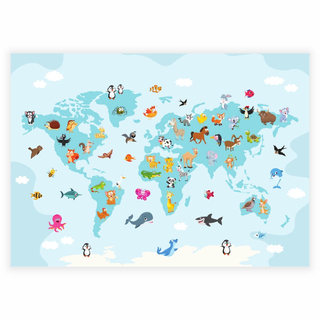Världskarta med tecknade djur - Affisch