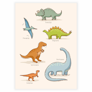 Lär dig namnen på dinosaurierna med denna fantastiska handritade inlärningsaffisch