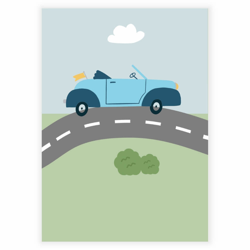 Blå bil på vägen Affisch med grönt gräs och blå himmel