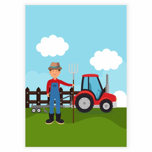 En bonde med sin röda traktor som barnaffisch