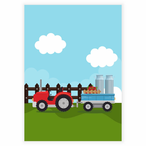 Traktor med mjölkhink och frukt på vagn som barnaffisch
