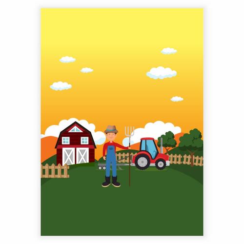 Gård, bonde och traktor en tidig morgon - Barnaffisch