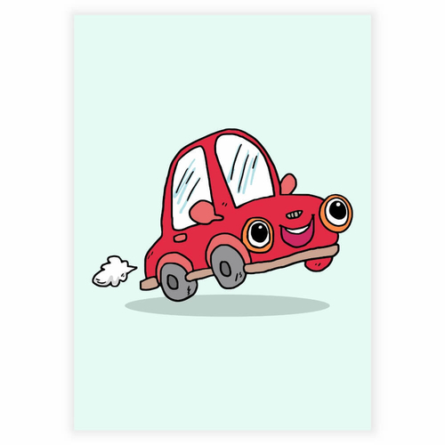 Söt, rolig och glad röd bil med ögon som affisch till barnrummet