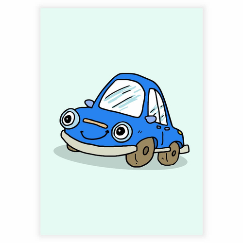Söt, rolig och glad blå bil med ögon som affisch till barnrummet