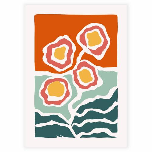 Vackra abstrakta blommor i nyanser av orange och grönt som en affisch