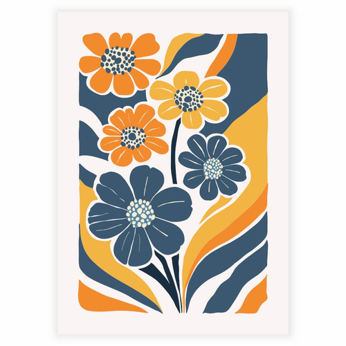 Vackra abstrakta blommor i orange och blå nyanser som affisch