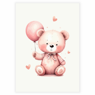 Rosa ballong och nallebjörn med hjärtan - Affisch