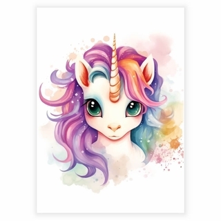 Rainbow Mane Unicorn Akvarellaffisch