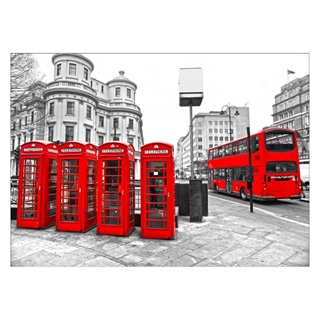 Poster med röd telefonkiosk och buss från london