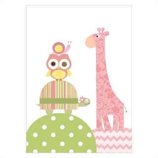 Barnposter med giraff, uggla, sköldpadda och en liten snigel