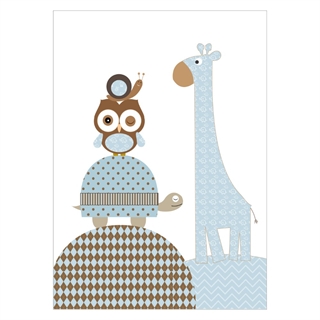 Barnposter med giraff och uggla i blå färger