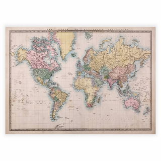 Poster med en handmålad världskarta från 1860