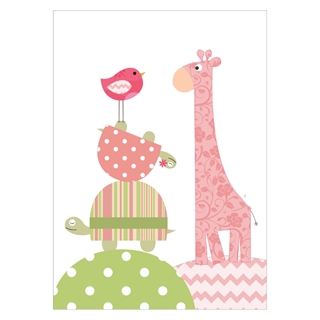 Poster för barnrummet med giraff, sköldpadda och fåglar. Perfekt för tjejrummet