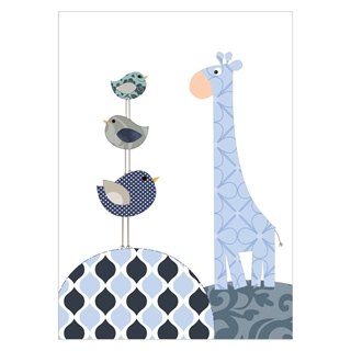 Barnposter med giraff och fåglar i blå och mörkblå färger