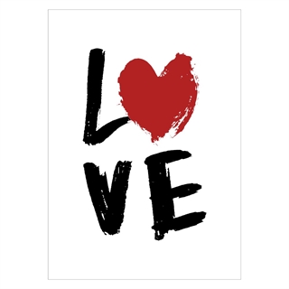 Poster med kärlek och hjärta på vit bakgrund.