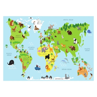 Barnposter med världskarta och söta djur