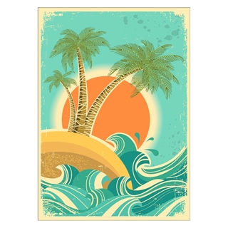 Poster med motiv av en solnedgång och öde ö