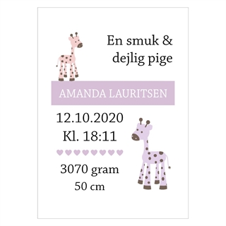 Födelseposter med giraff för flicka med namn, vikt, cm och tid