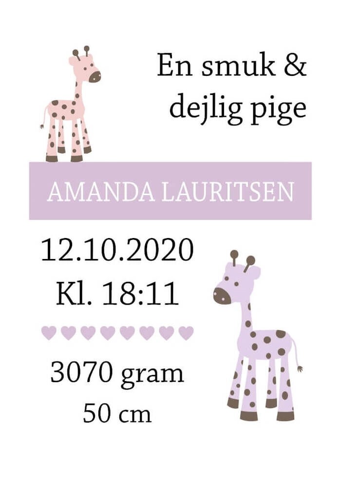 Födelseposter med giraff för flicka med namn, vikt, cm och tid