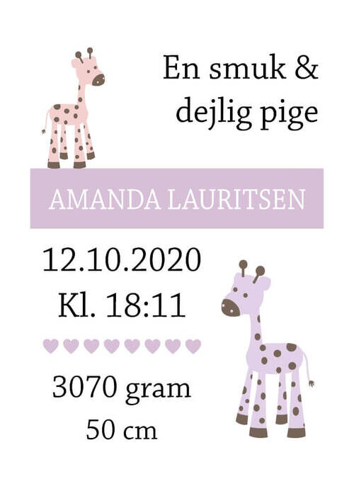 Födelsetavla med giraffer till flickor