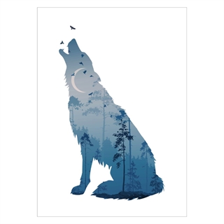 Poster med unik ritad varg i blå nyanser