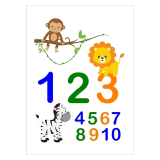 Rolig barnposter som lär ditt barn att räkna till 10, med färgglada djur.
