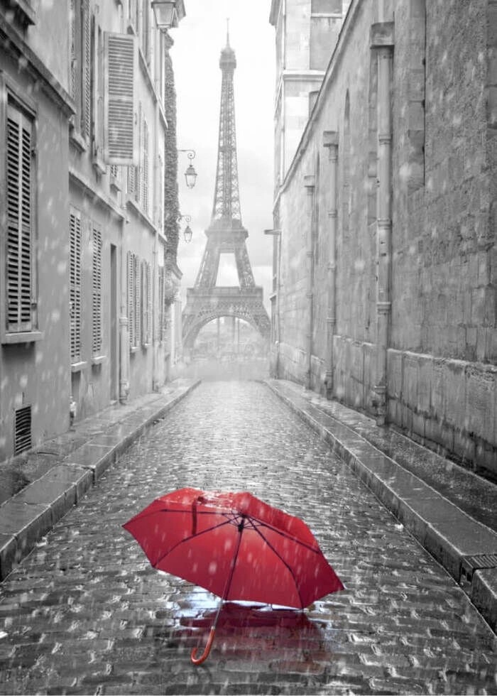 Posterer med Eiffel tower with red umbrella