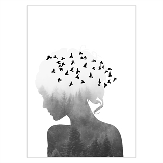 Poster - Silhouette Women and Birds. Posteren föreställer en kvinna i profil som har fåglar som flygande in i sig