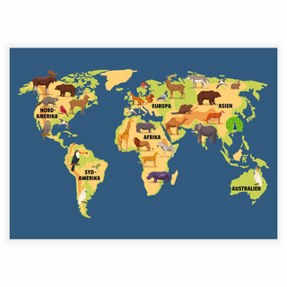 Poster- Världskarta med djur