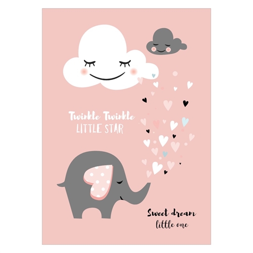 En gullig barnposter med moln och en liten gullig elefant i rosa