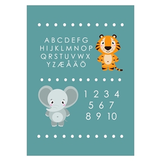 Barnposter ABC och nummerplåt med elefant och tiger