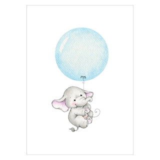 Barnposter med en elefant som hänger i en blå ballong