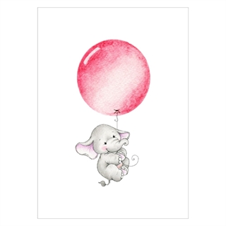 Barnposter med gullig elefant som hänger i en rosa ballong