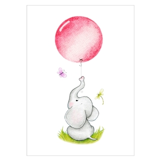 Barnposter sitter elefant med rosa ballong