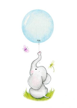 Barns poster - Sittande elefant med blå ballong