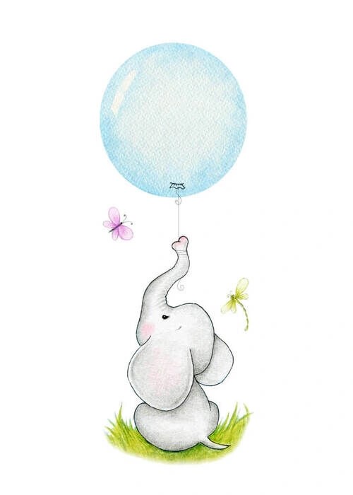 Barns poster - Sittande elefant med blå ballong