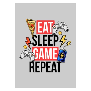 Poster med texten Eat-sleep-game-repeat med färger