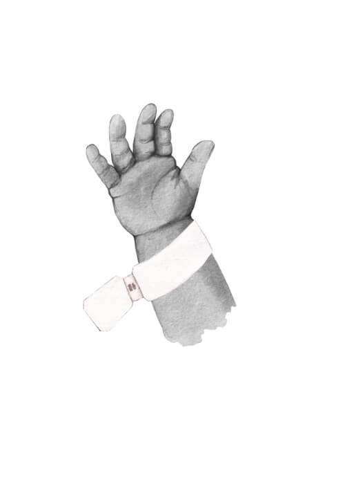 Nyfödd – köp en fin affisch online idag. Förtjusande familjeaffisch med illustration av en liten babys hand och namn.