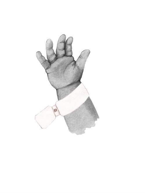 Nyfödd – köp en fin affisch online idag. Förtjusande familjeaffisch med illustration av en liten babys hand och namn.