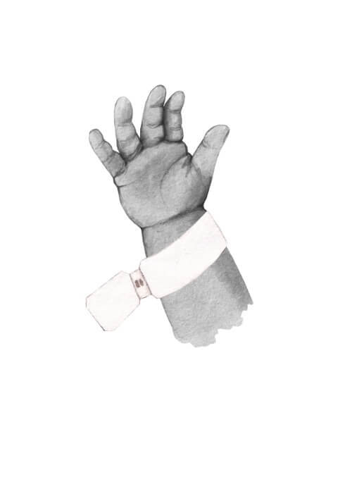 Nyfödd – köp en fin affisch online idag. Förtjusande familjeaffisch med illustration av en liten babys hand och namn.