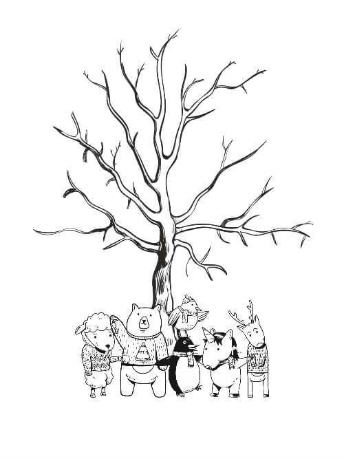 Fingeravtrycksaffisch med trä och unika djur för dop eller födelsedagar