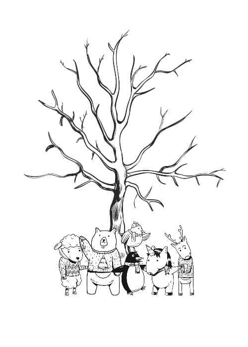 Fingeravtrycksaffisch med trä och unika djur för dop eller födelsedagar