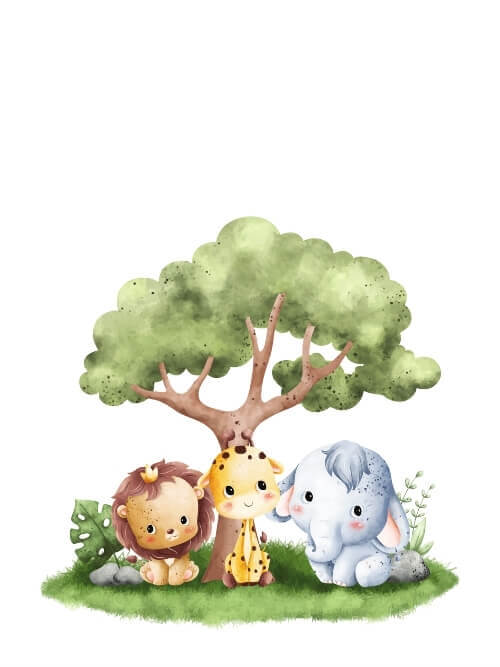 Unik affisch med bebisar under ett träd, personlig med namn och datum